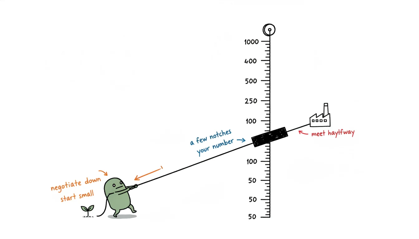 MOQ negotiation shown as Xiaolv tugging a rope against a factory to pull the minimum order marker down a notched scale