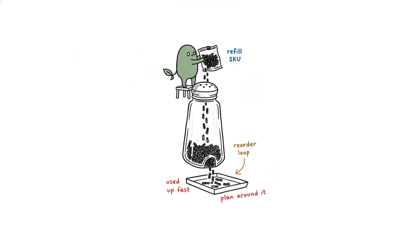 Nail drill bits as the recurring reorder SKU shown as Xiaolv refilling a salt-shaker of bits that keeps emptying
