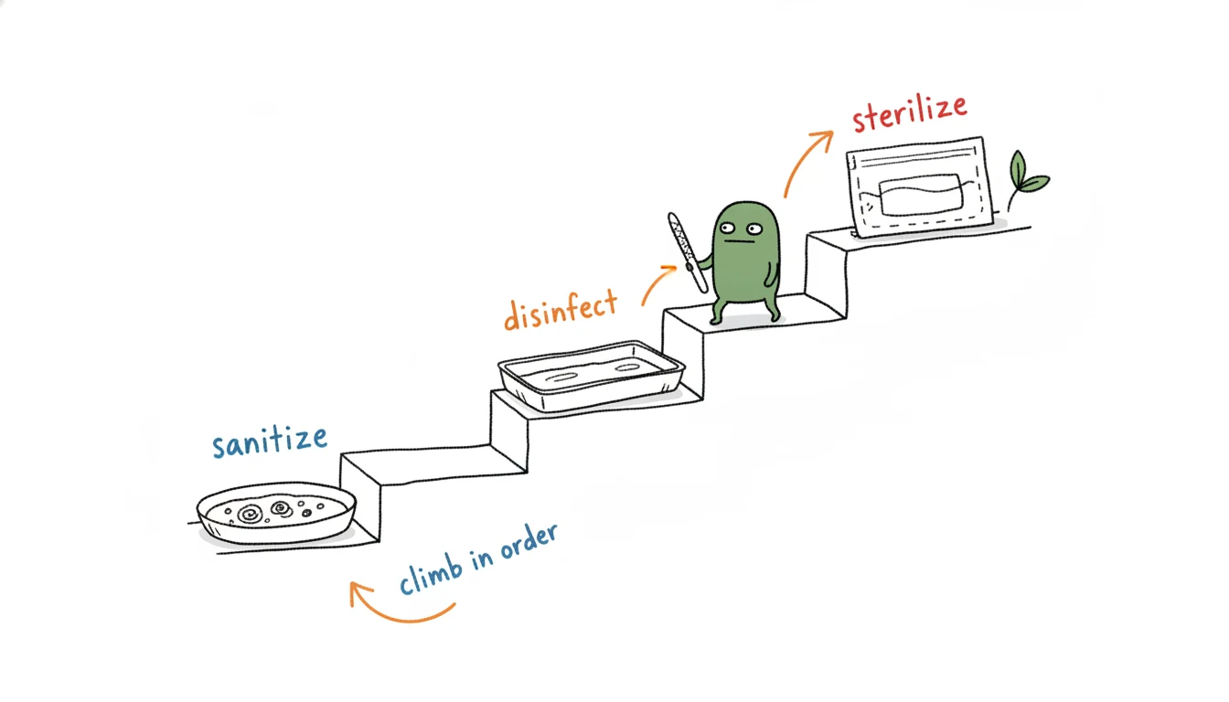 Three-tier nail salon sterilization workflow as ascending steps: sanitize, disinfect, sterilize