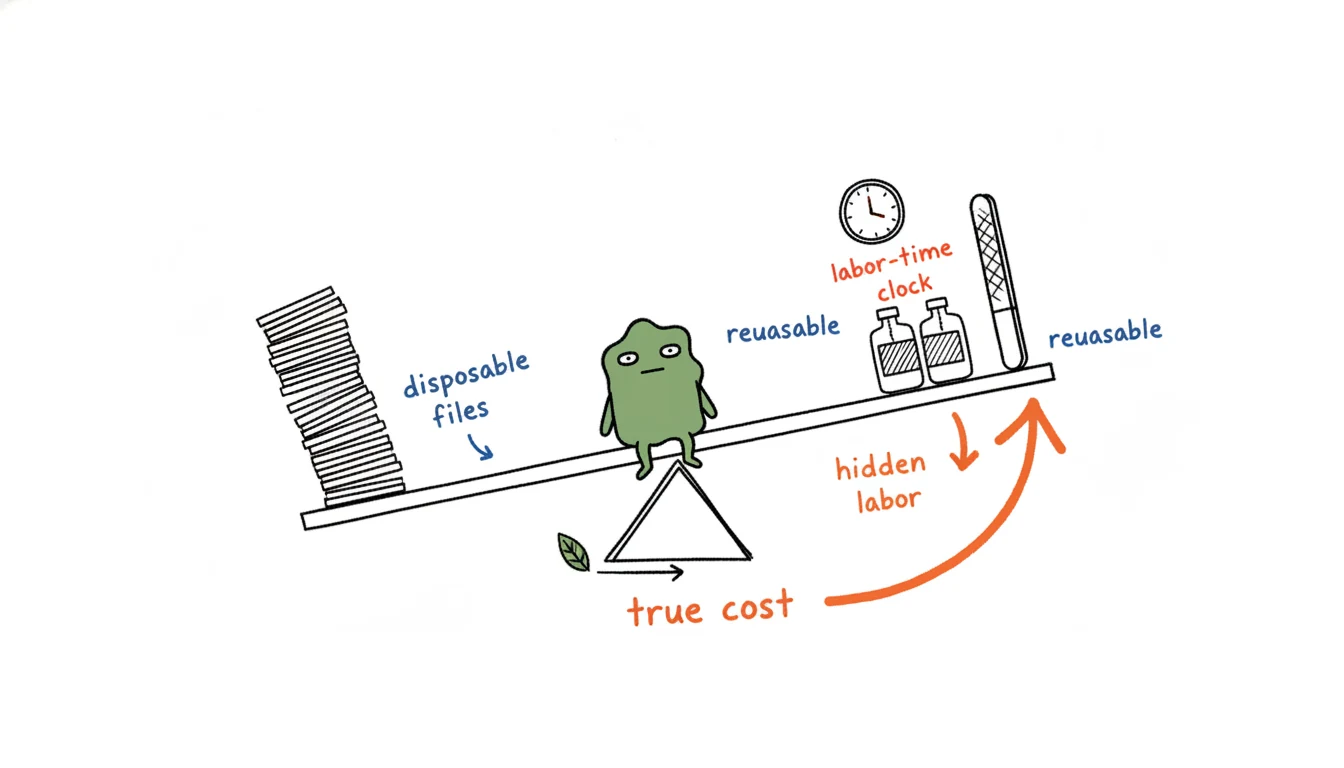 Disposable versus reusable nail tools true-cost comparison weighed on a seesaw