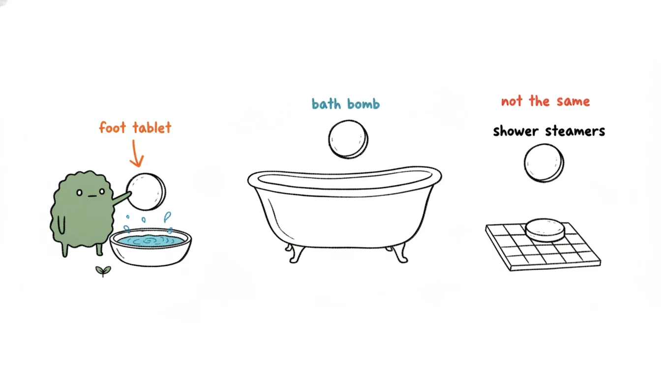 Xiaolv comparing where a foot soak tablet, a bath bomb and a shower steamer each dissolve