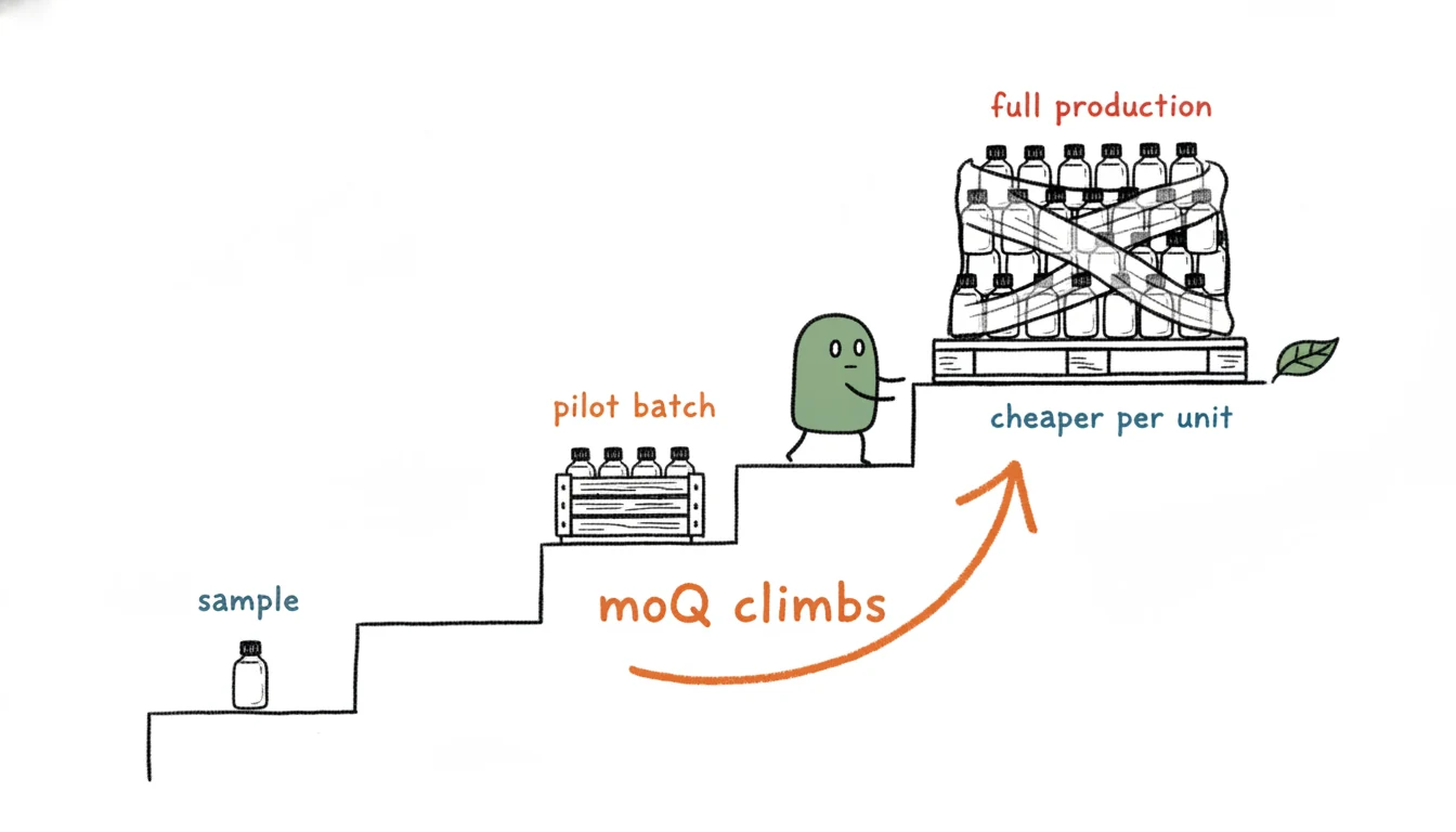 Massage oil MOQ tiers shown as a rising staircase from a single sample bottle to a pilot crate to a full production pallet