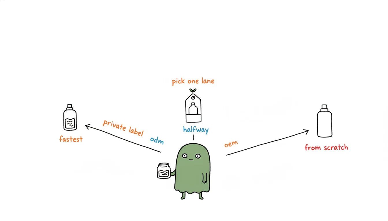 Three sourcing-model lanes for beauty brands — private label, OEM, ODM — sketched as parallel paths Xiaolv must pick between