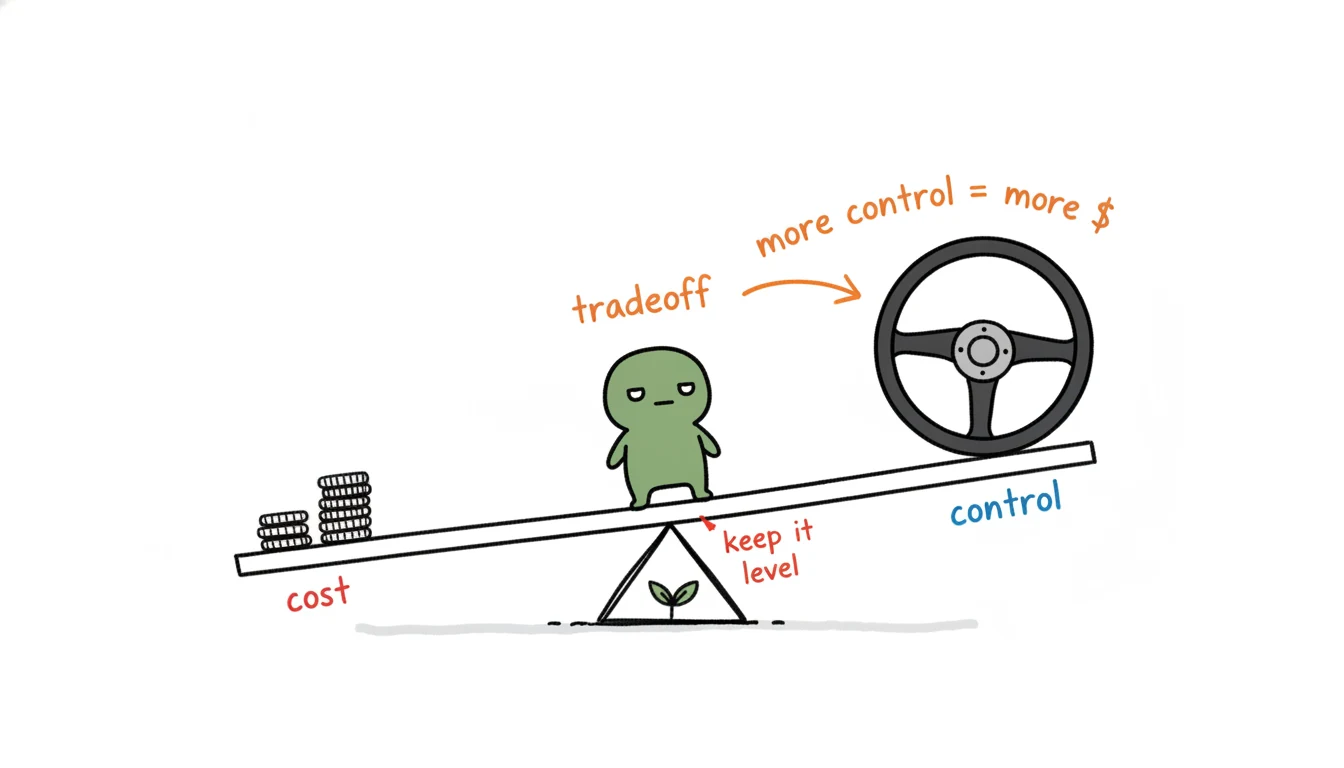 Cost-versus-control tradeoff between OEM and private label shown as a seesaw Xiaolv balances coins against a steering wheel