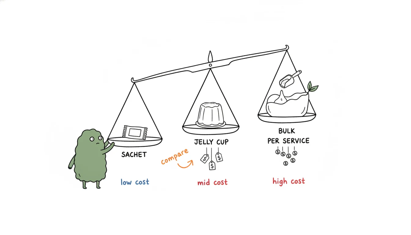 Xiaolv weighing per-service cost of sachet vs jelly cup vs bulk pedicure kit formats on a balance