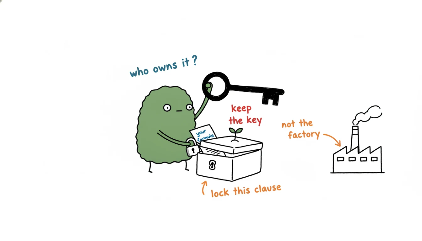 Formulation IP ownership shown as Xiaolv locking a recipe inside a small box and pocketing the key before the factory takes it