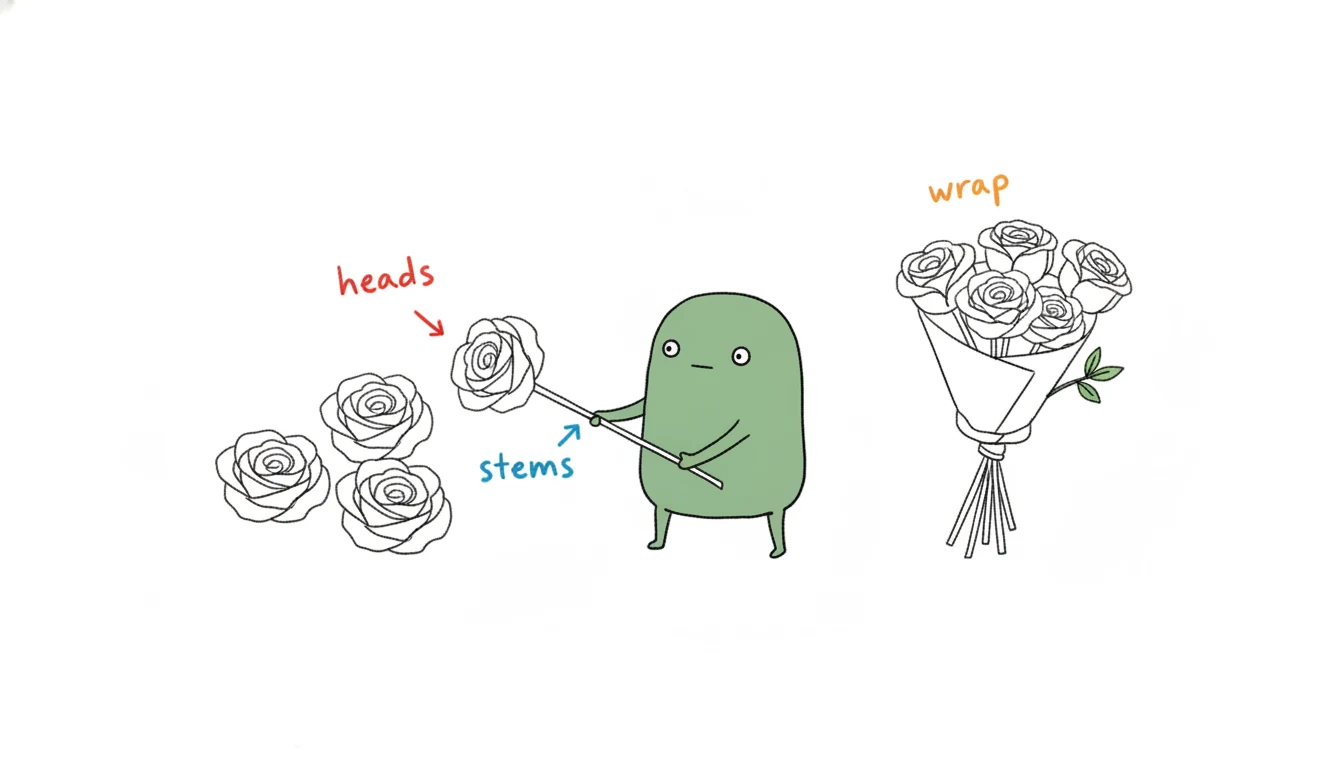 Assembling a soap flower bouquet from loose 3D soap rose heads with stems and wrap