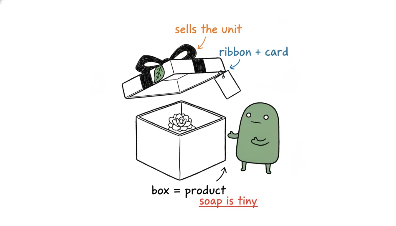 Soap flower gift box sourcing: Xiaolv presenting the lidded gift box while a tiny soap flower hides inside, showing the box itself is what sells
