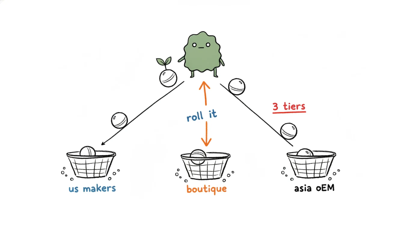 Bath bomb manufacturers sorted into three sourcing tiers, fizzy spheres dropped into bins for US makers, boutique specialists and Asia OEM