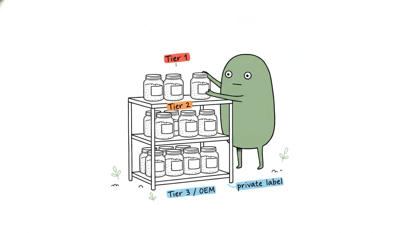 Bath salt manufacturers sorted into three tiers on a shelf, top tier for private label