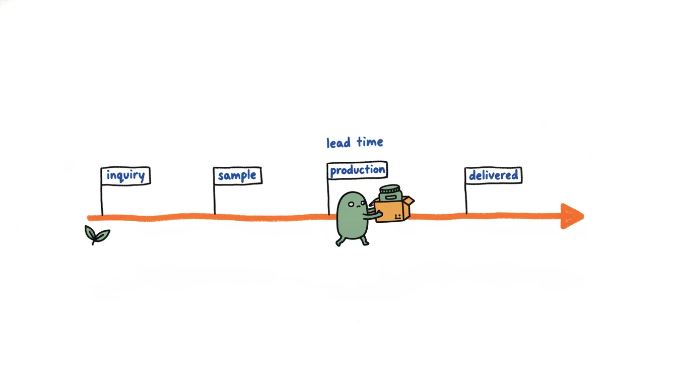 Body butter sourcing timeline from inquiry to delivery: inquiry, sample, production, delivered