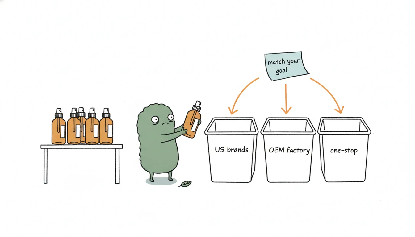 Sorting massage oil manufacturers into three sourcing tiers: US brands, OEM factories, one-stop suppliers