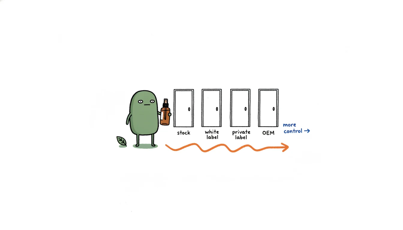 Four massage oil sourcing models compared by customization and control: stock, white label, private label, OEM