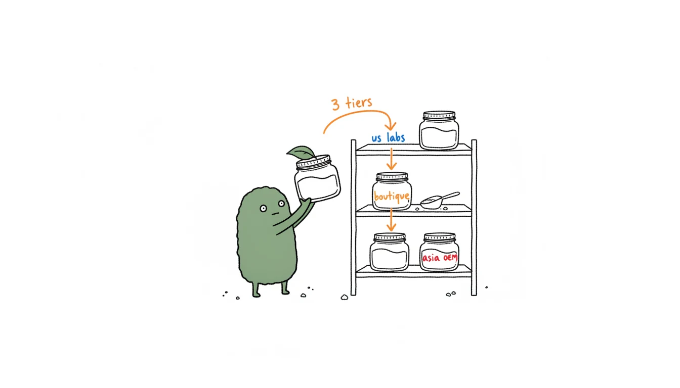 Sugar scrub manufacturers grouped into three sourcing tiers, jars sorted from US contract labs to boutique specialists to Asia OEM line
