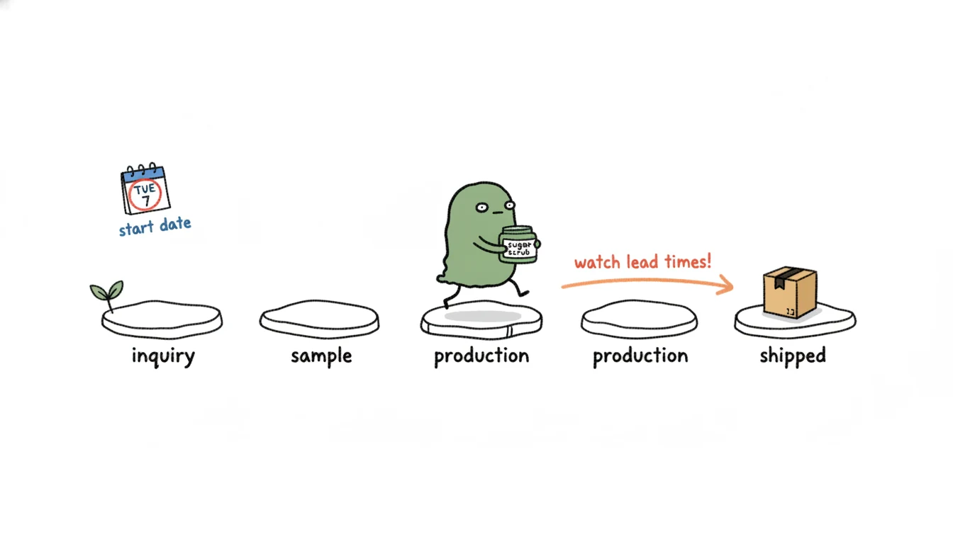 Sugar scrub sourcing timeline from inquiry to delivery shown as stepping stones a jar travels along, sample to bulk production to shipment