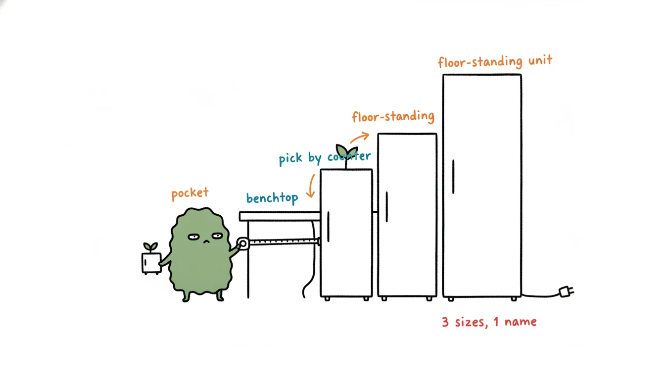 Three UV sterilizer formats compared: pocket box, benchtop cabinet, floor-standing unit