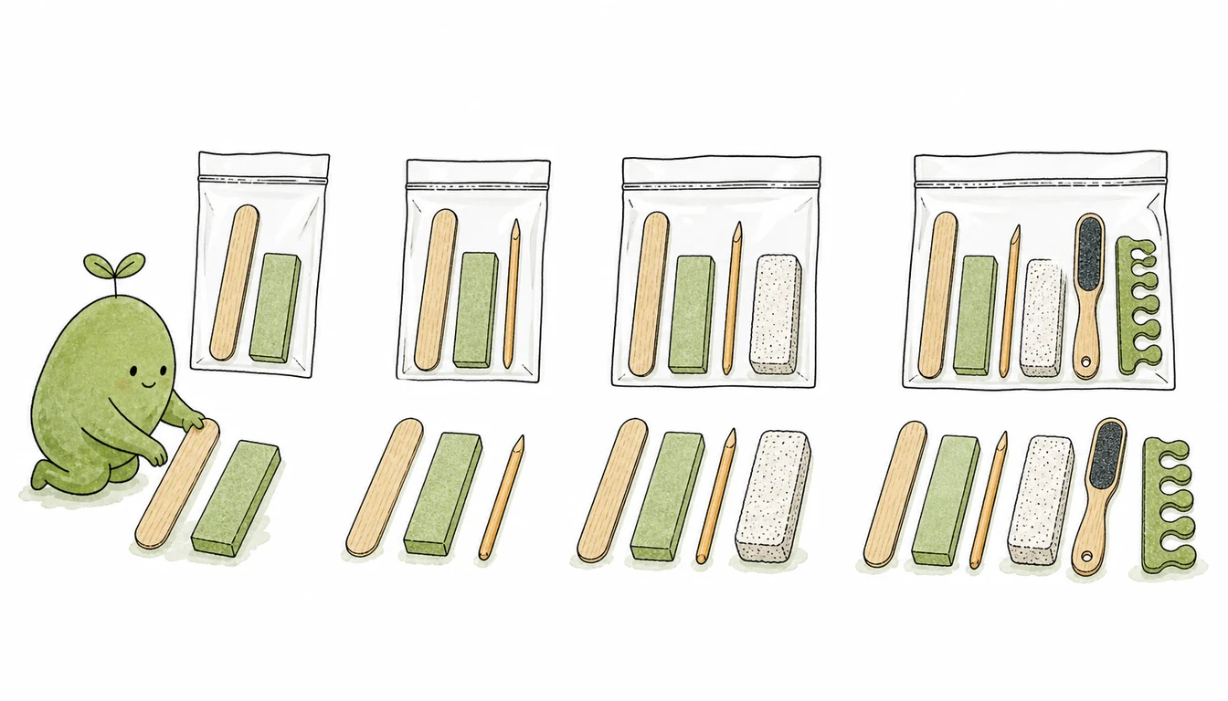 Disposable manicure kit configurations with nail file, EVA buffer, orange wood stick, pumice and toe separator