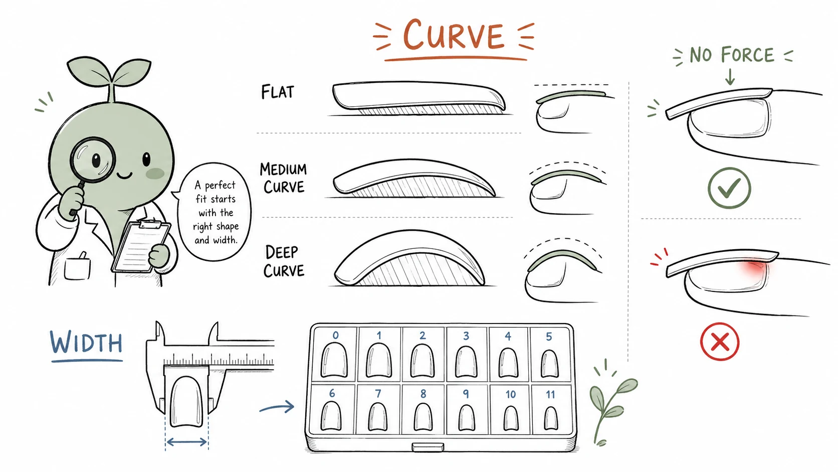 Full-cover soft gel nail tip width and curvature fit matrix