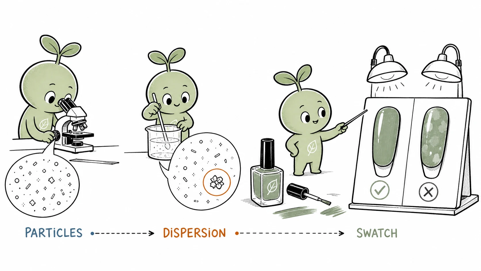 Effect pigment nail polish quality control from particles and dispersion to swatches