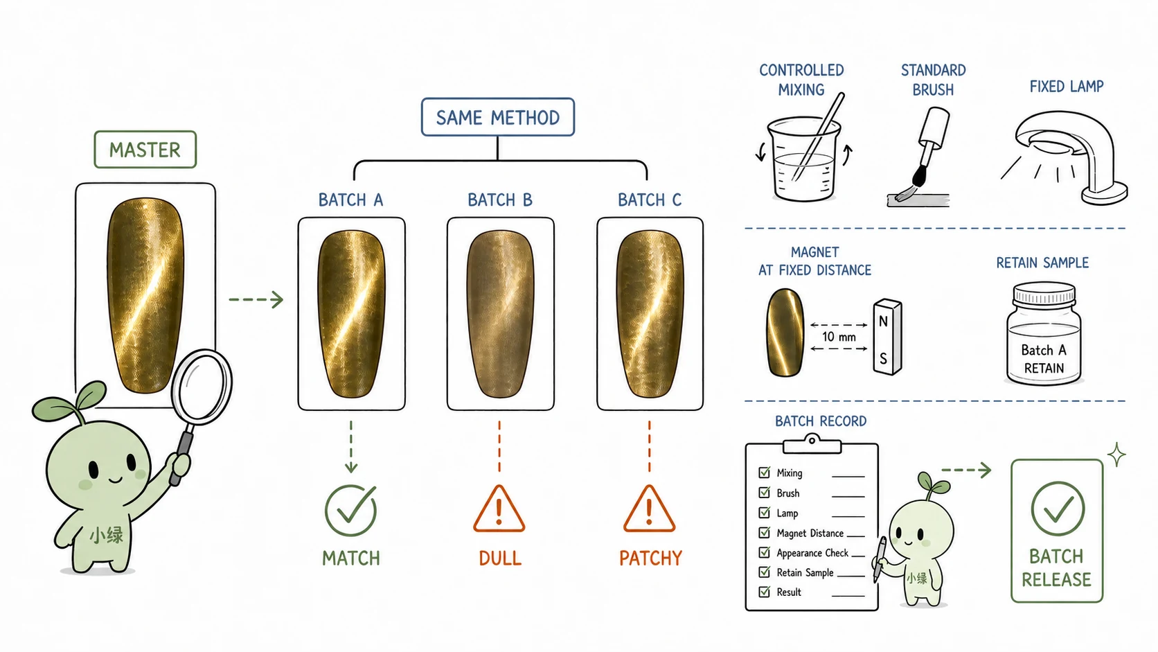 Nail effect golden master comparison and batch release quality control