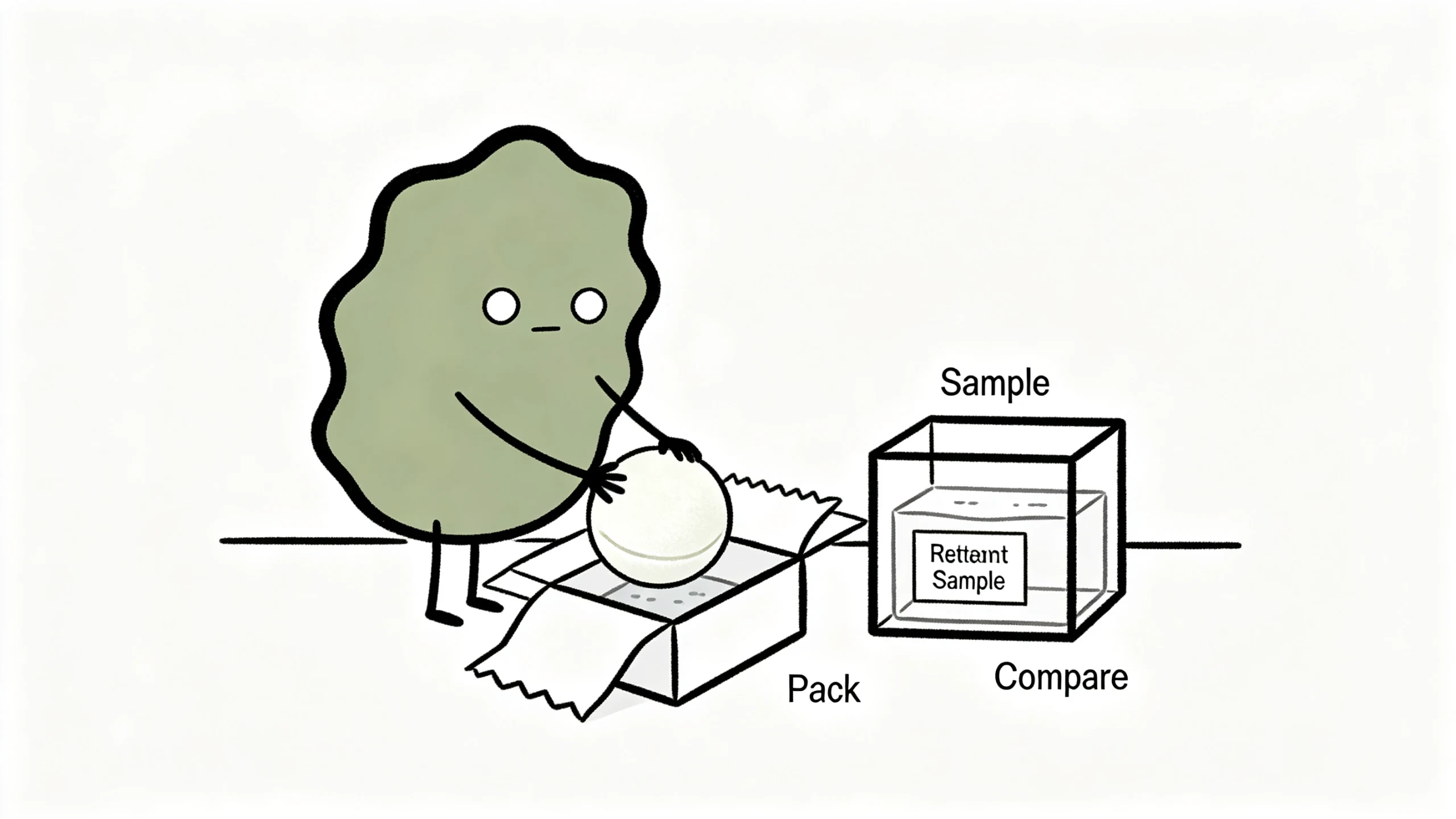 Xiaolv compares a bath bomb and its wrapping with a retained reference sample.