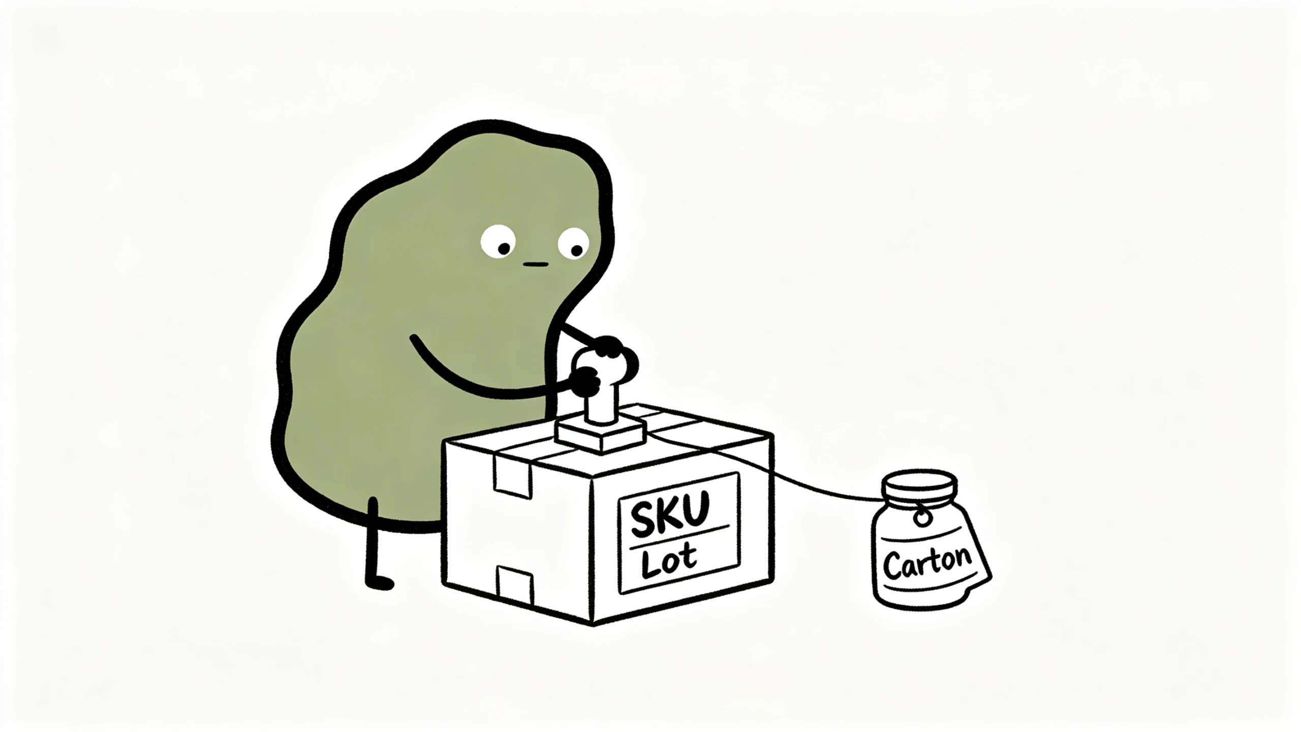 Xiaolv checks a bath salt jar lot tag against its shipping carton identity.