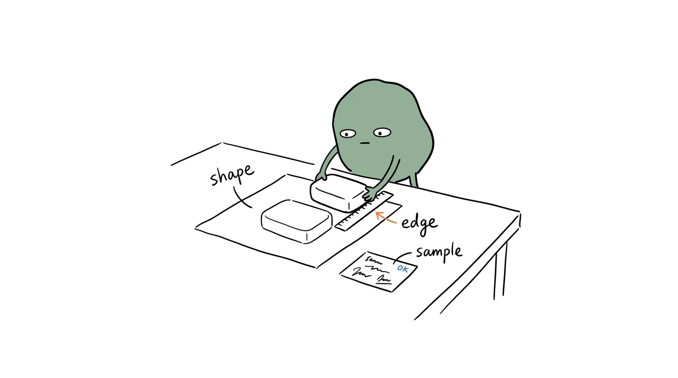 Xiaolv checks the shape and edge of an approved cleansing bar sample