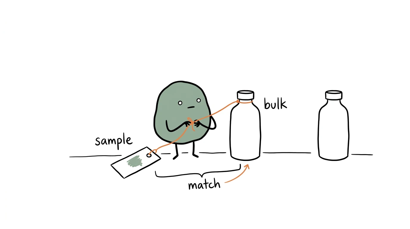 Xiaolv connects an approved gel swatch to a production bottle for comparison