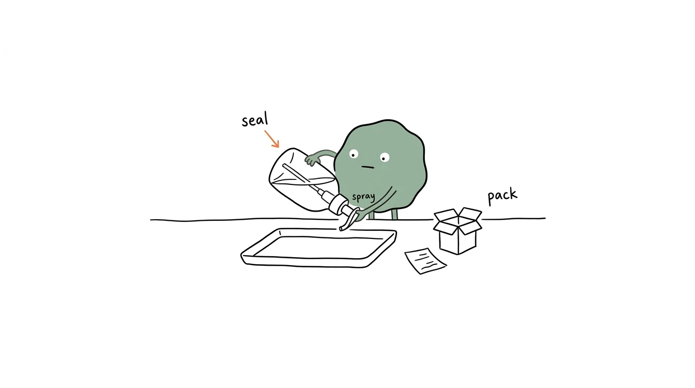 Xiaolv checks the seal, spray and package of a finished body mist bottle