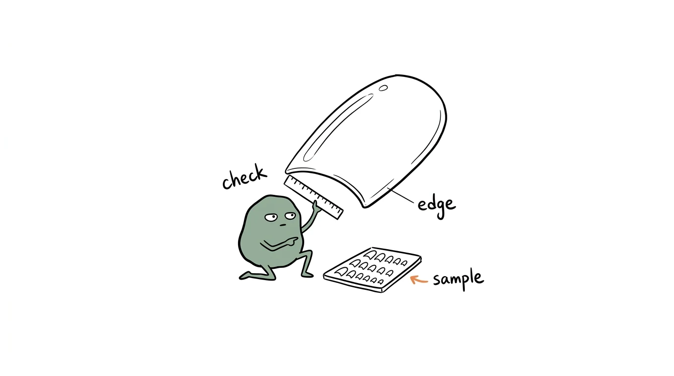 Xiaolv measures the underside edge of a soft gel tip against an approved sample