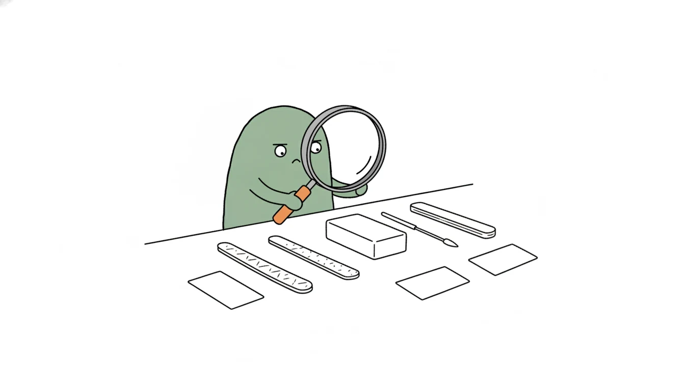 Xiaolv examining sample evidence for salon nail files and buffer blocks in a B2B sourcing guide
